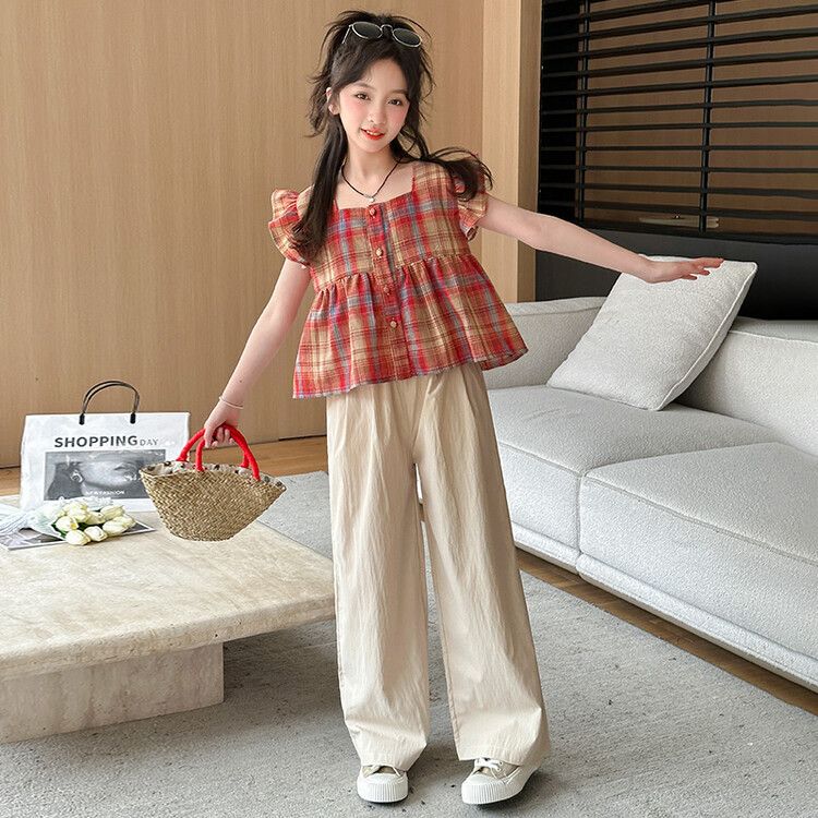 女童套装夏季2025新款新中式女孩格子娃娃衫阔腿裤两件套薄款洋气