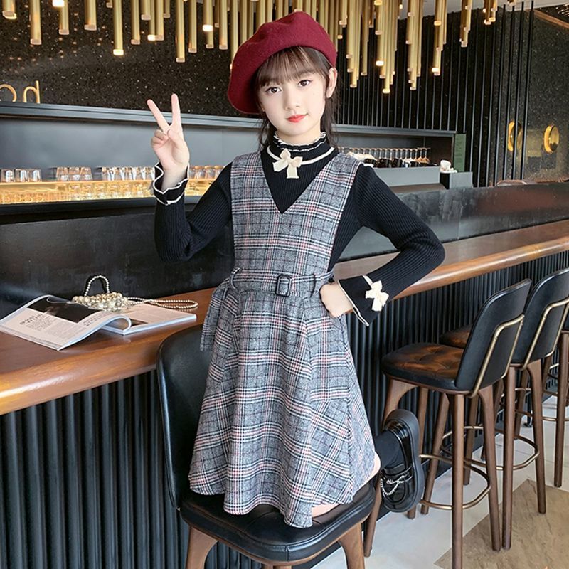 女童秋冬套装新款中大童毛衣裙子外套三件套女孩洋气韩版大衣童装