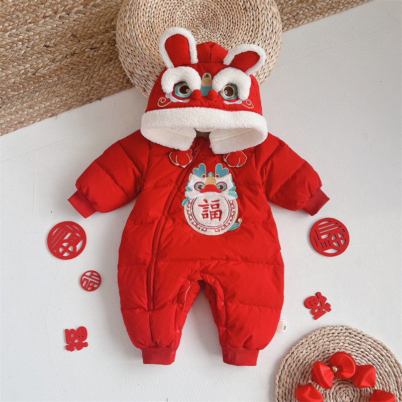 婴红色宝宝加绒中国风保暖喜庆冬季加厚幼儿醒狮拜年服白鸭绒2398
