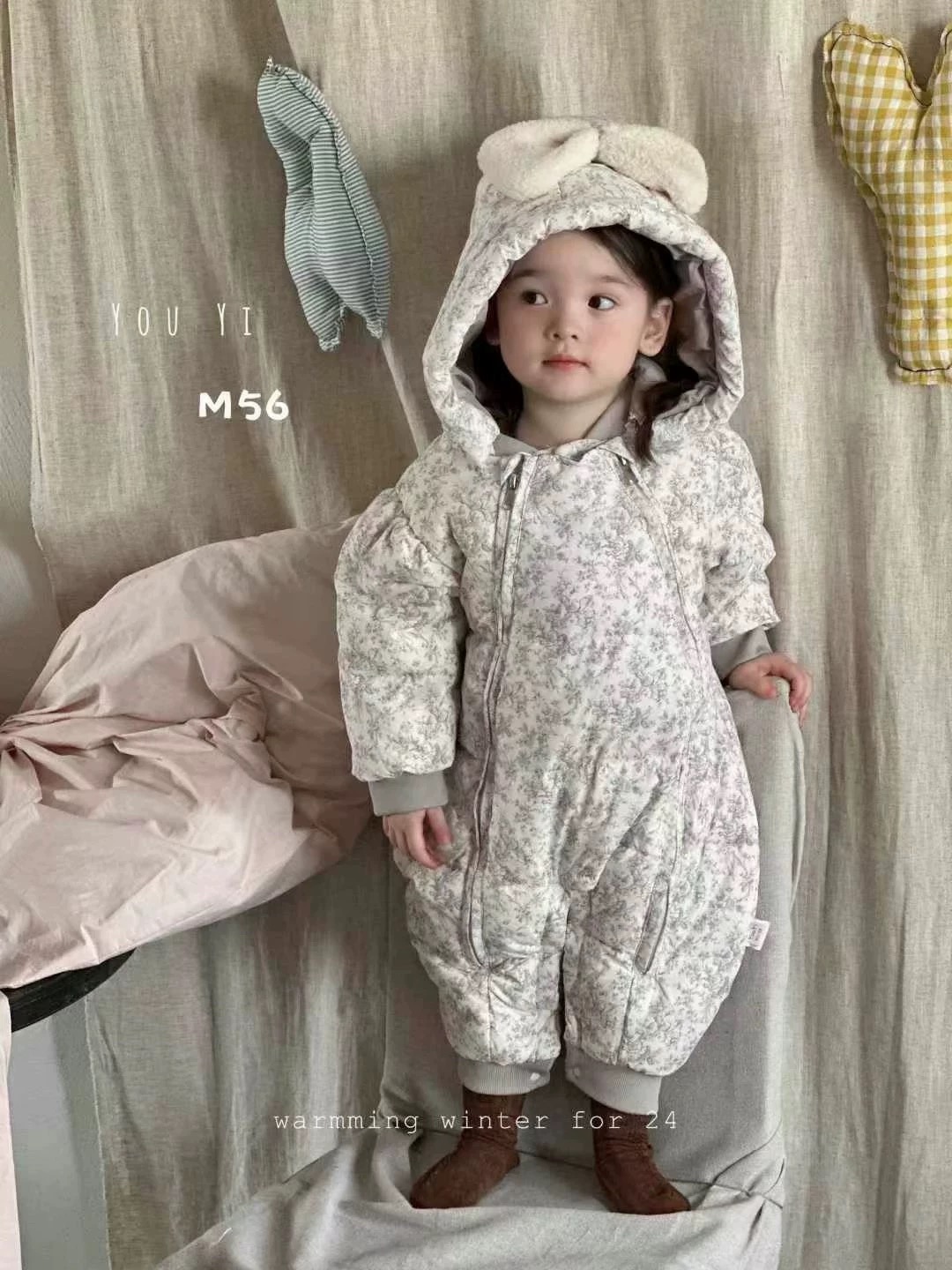 婴儿白鸭绒宝宝连体哈衣双拉链森系清新蝴蝶结帽公主羽绒服2456