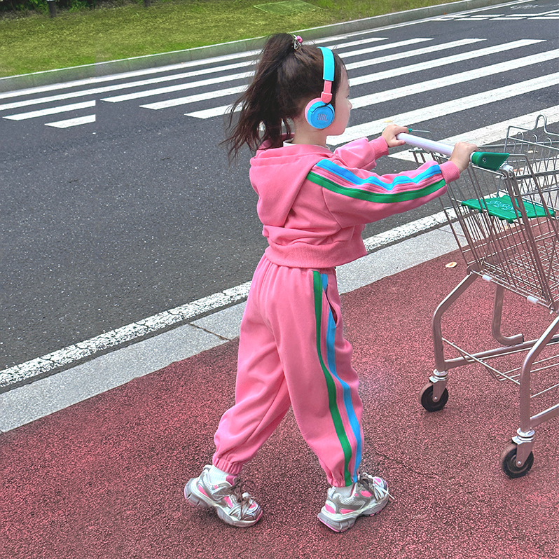 女童秋装套装2024新款洋气小女孩休闲拼接儿童连帽运动服两件套潮