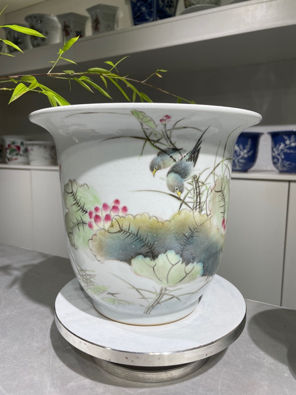 景德镇浅降彩花鸟瓷花盆陶瓷花盆陶瓷