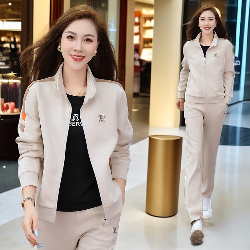 立领运动服套装女士春秋2024新款时尚中年妈妈卫衣跑步休闲三件套