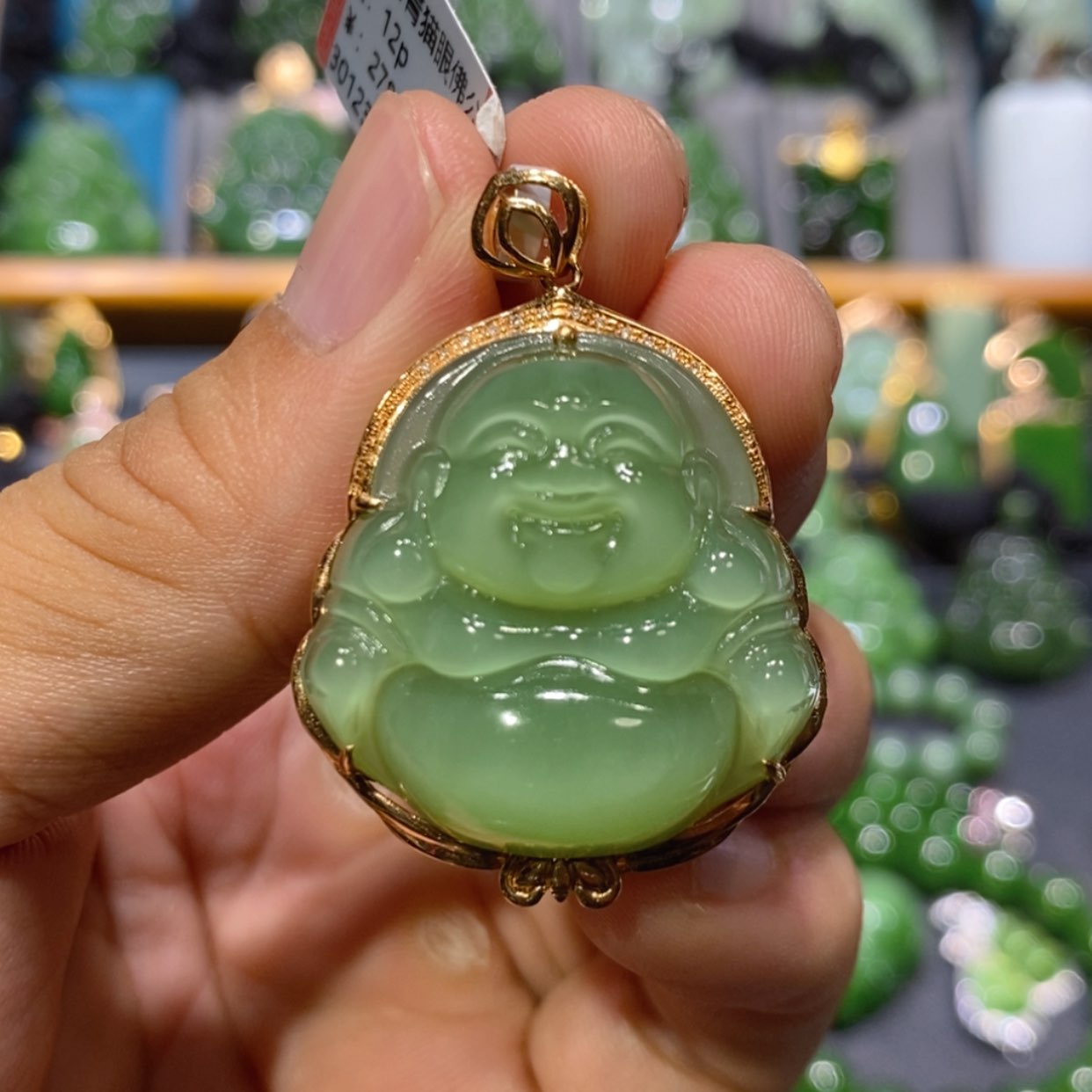 【闪购商品】和田玉吊坠(不含链)18K金镶嵌粉青猫眼佛公 29/11.5