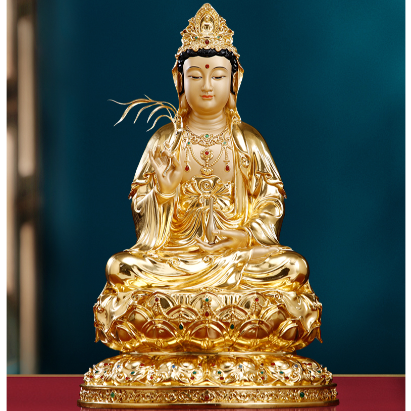 圆通铜贴金观音菩萨镶宝娑婆三圣观世音佛像大号家用佛堂中式摆件