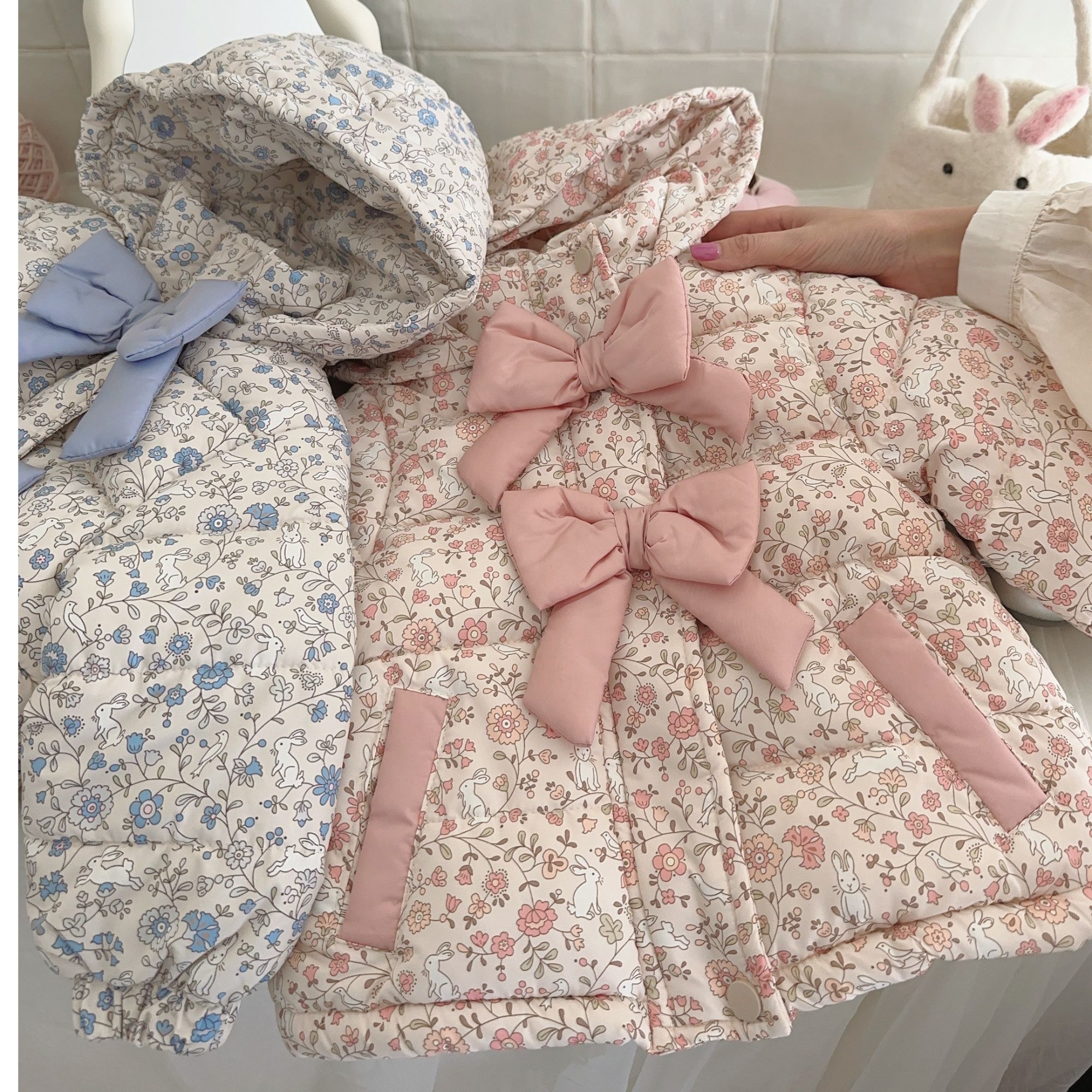 2024新款女宝加厚棉服碎花蝴蝶结加厚棉衣冬季巨保暖特厚女童棉服