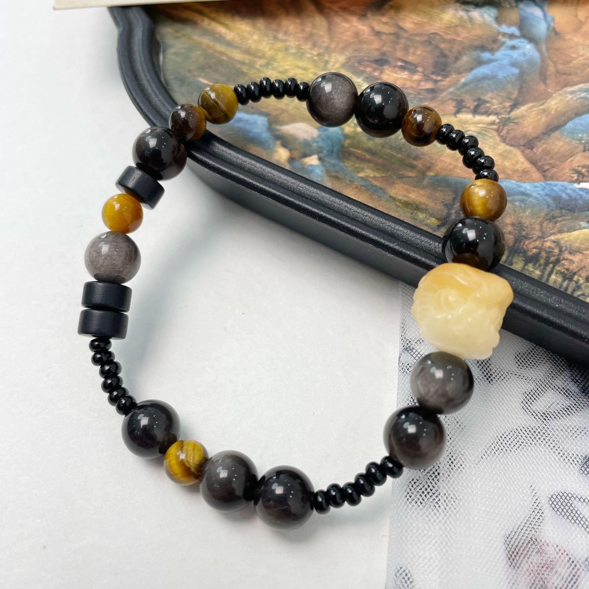 醒狮黑曜石百搭手链手工