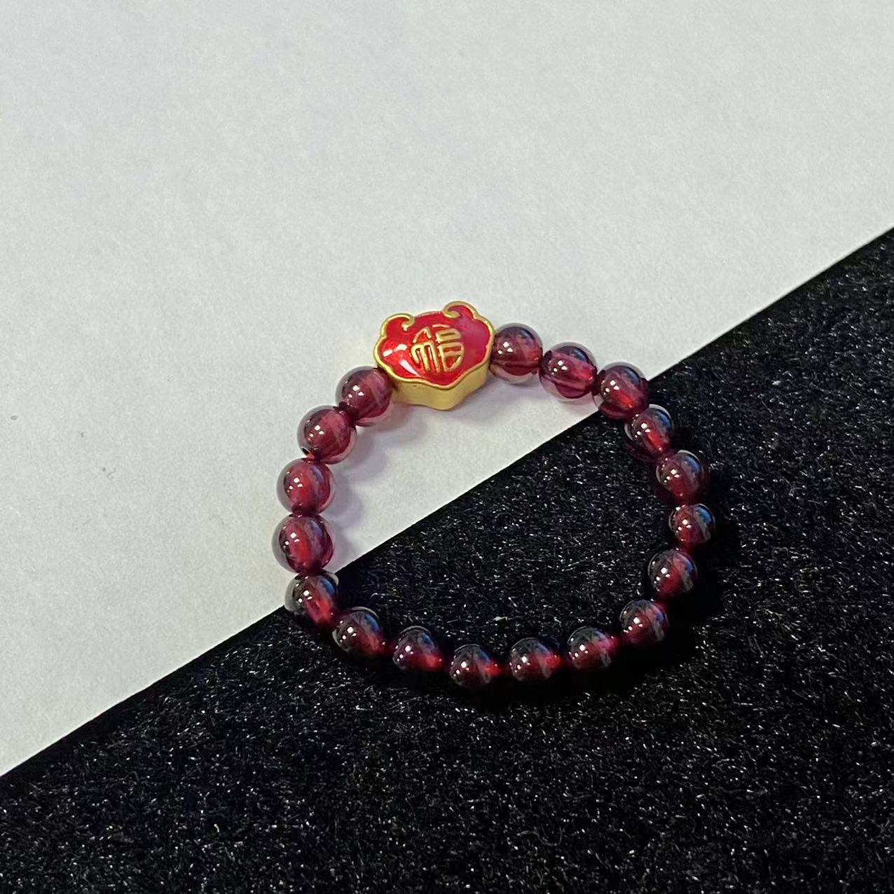 足金999烧蓝款鸿福如意锁穿石 榴 石戒@@A126