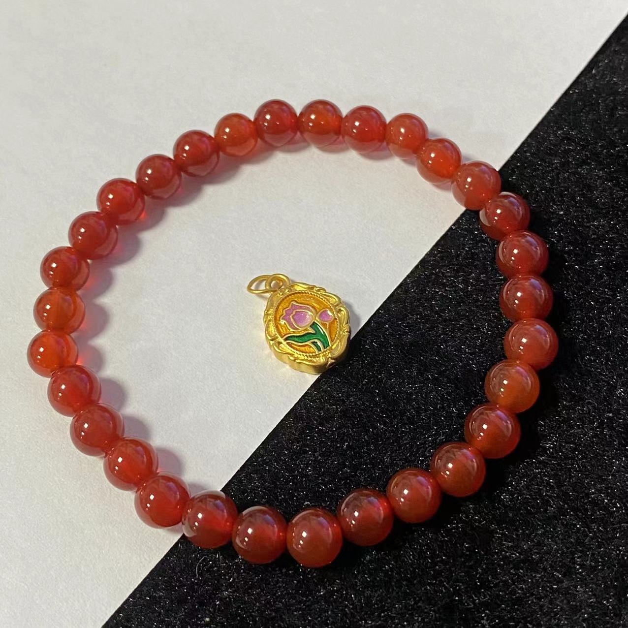 足金999烧蓝款郁金香牌搭红 玛 瑙手串@@A303