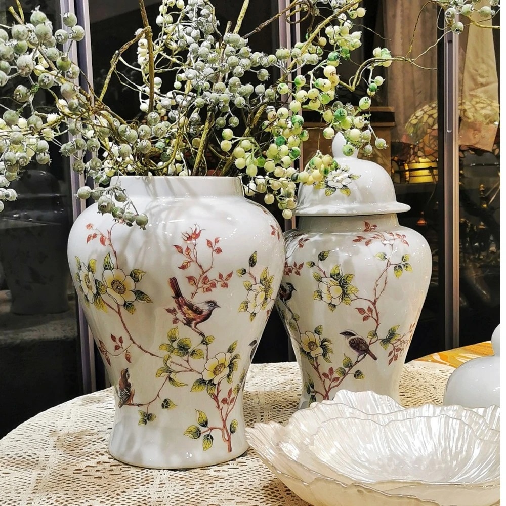景德镇陶瓷白色将军罐大花瓶摆件中式客厅博古架装饰落地手绘花鸟
