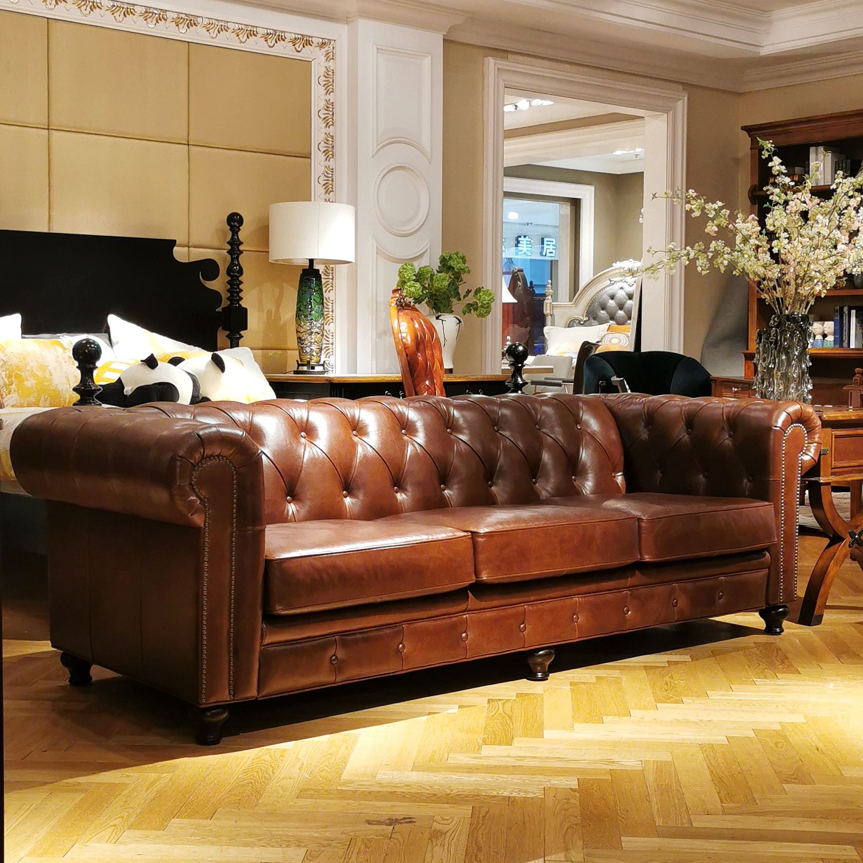 美式复古拉扣油蜡皮沙发头层牛皮全皮沙发奢华古典切斯特菲尔德