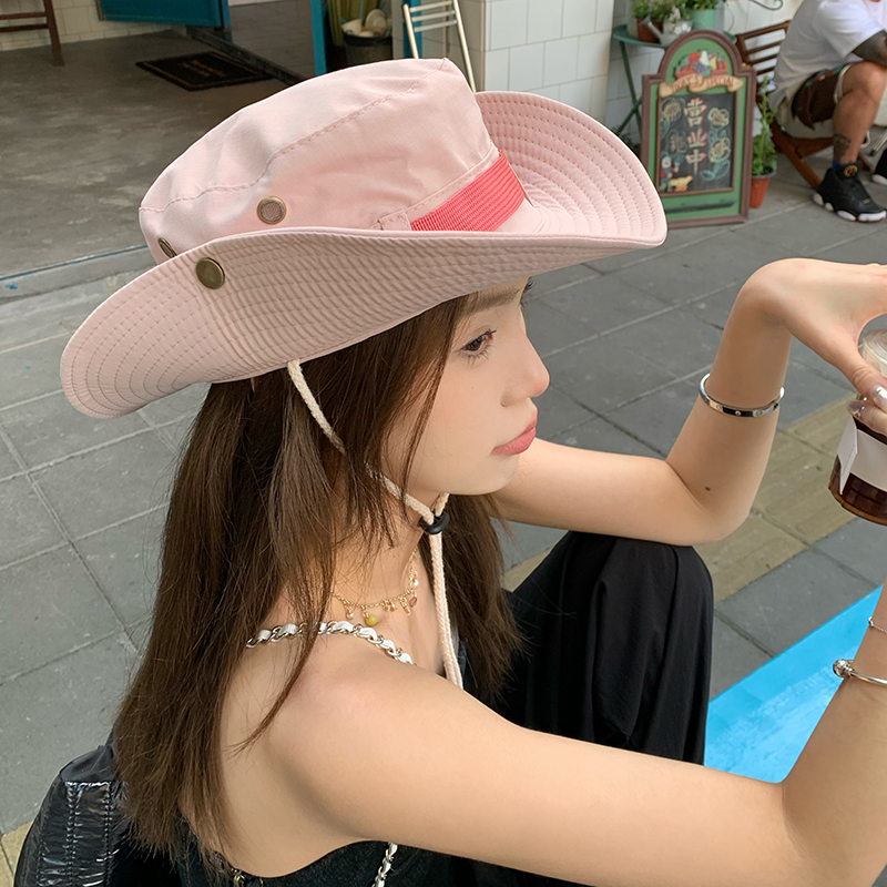 露营bi备~西部牛仔帽女夏户外露 营登山帽大帽檐遮阳防晒渔夫帽女