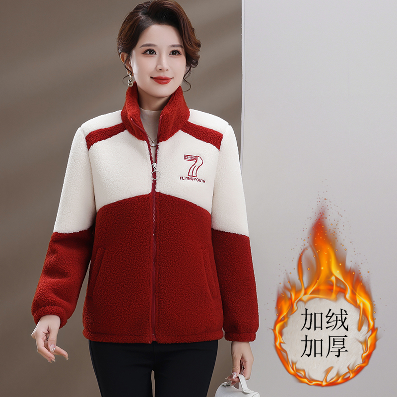 新款秋冬加绒加厚颗粒绒女款外套拼接减龄立领一体绒保暖绣花上衣