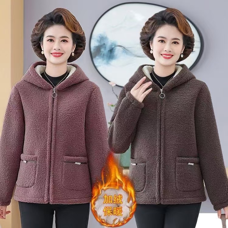 冬季休闲连帽加绒女外套加厚冬装宽松减龄韩版颗粒绒保暖纯色上衣