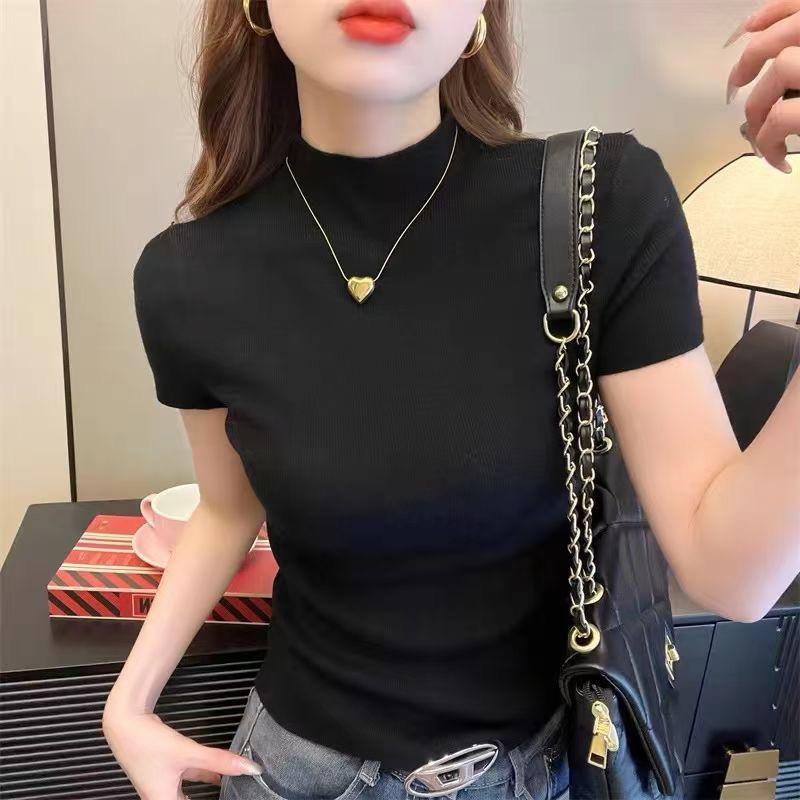 半高领短袖针织衫女修身显瘦打底上衣时尚内搭