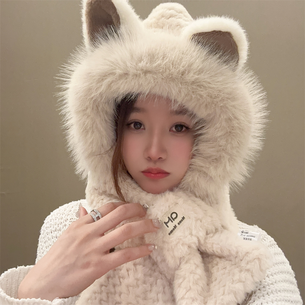 可爱猫咪耳朵毛绒护耳帽女冬天保暖帽子围巾一体两件套骑车雷锋帽