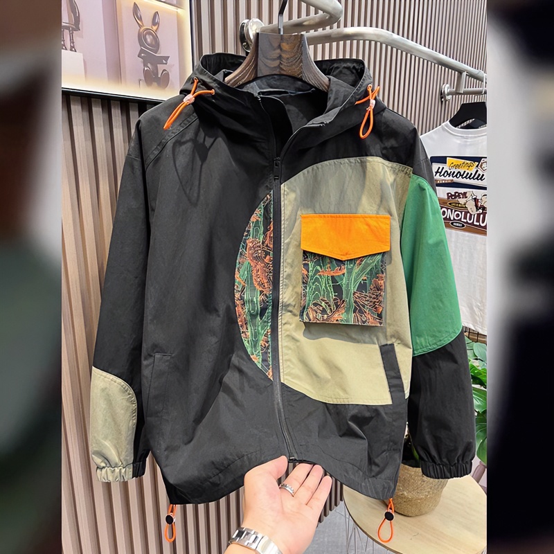 设计师款时尚拼接夹克衫男2023秋季新款韩版宽松个性连帽潮男外套