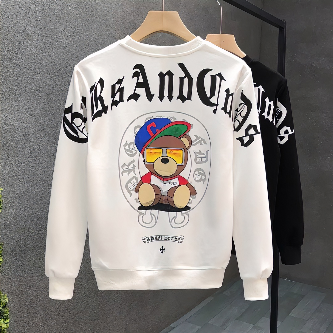 小熊印花卫衣男款潮牌青少年圆领外套宽松春秋季加绒男士长袖T恤