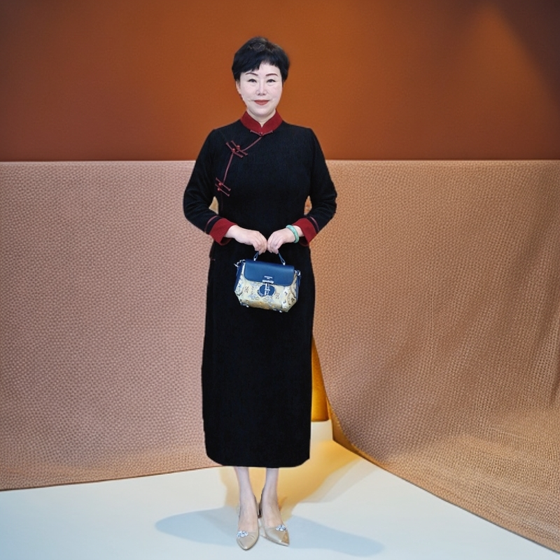 【墨织红然】春季加厚大码旗袍显瘦气质长袖时尚复古黑色修身日常