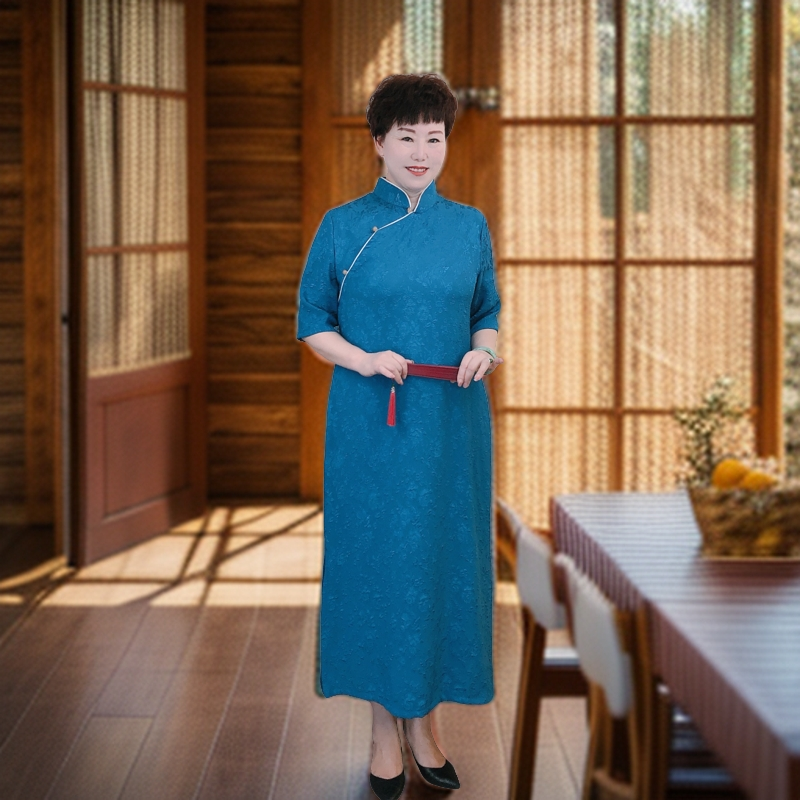 [提花蓝玫]大码旗袍长款复古国风网红气质日常蓝色立领夏季时尚