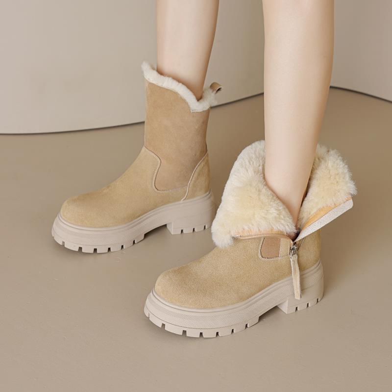 羊皮毛一体厚底雪地靴女真皮保暖东北大棉鞋冬季高跟加绒厚毛短靴