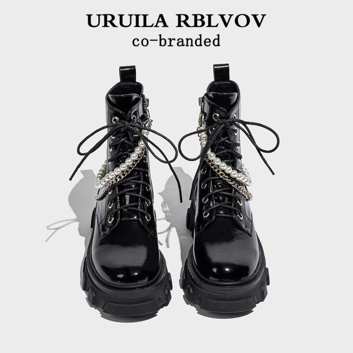 URUILARBLVOV厚底马丁靴女2023新款甜酷珍珠链条骑士靴炸街小短靴