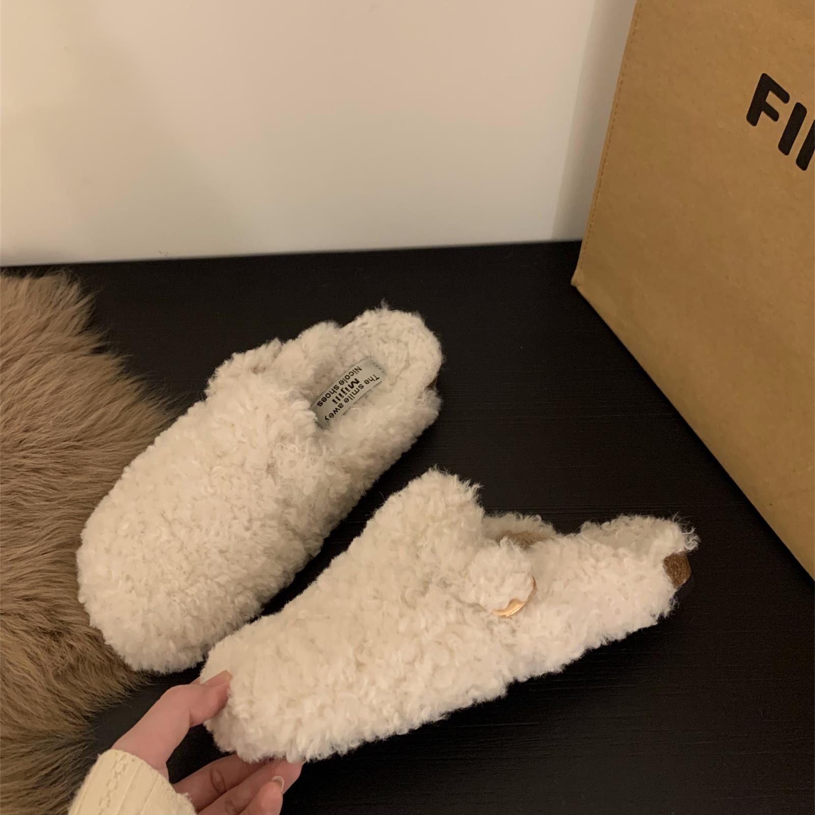 厚底秋冬季博肯毛毛拖鞋女鞋子外穿2023一脚蹬复古百搭加绒勃肯鞋