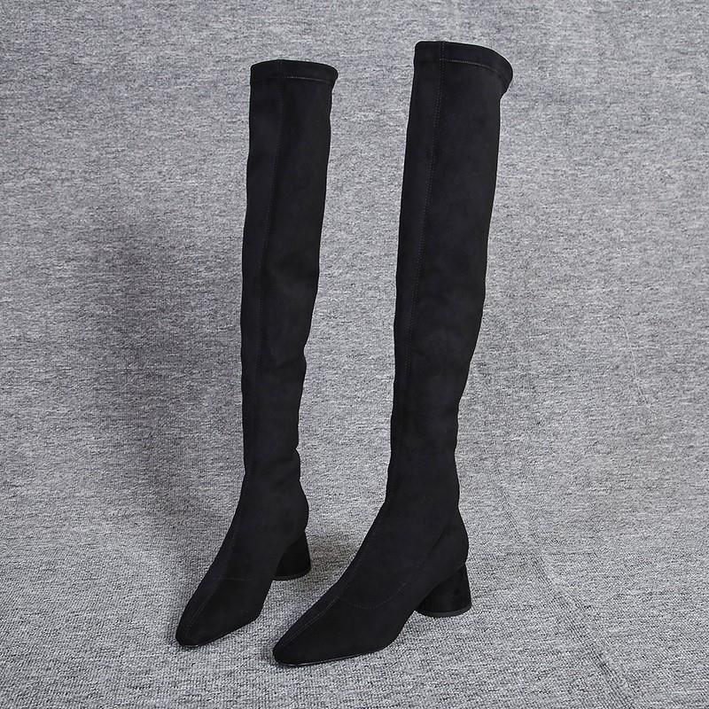欧洲站过膝长靴女绒面尖头高筒靴弹力靴瘦瘦靴显瘦百搭不掉筒靴子