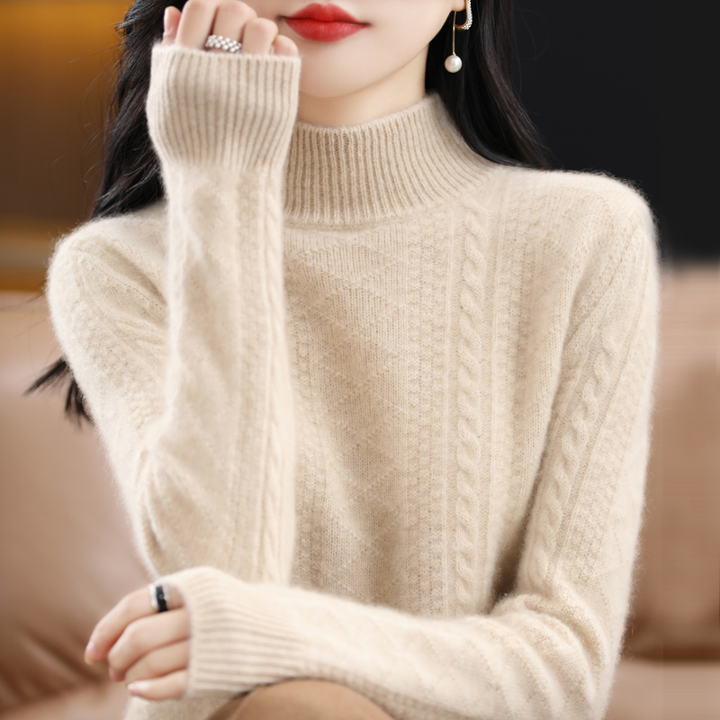 2024新款半高领羊毛衫女秋冬套头毛衣百搭宽松加厚100%羊毛打底衫