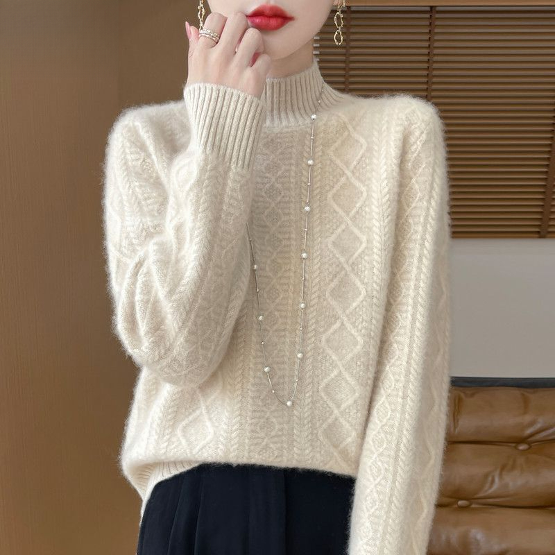 高级感100%纯羊毛衫女秋冬半高领宽松加厚毛衣内搭洋气针织打底衫