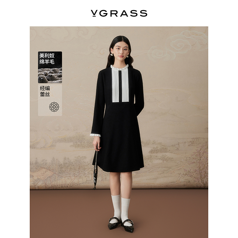 【晨粉专享价】VGRASS冬季新款绵羊毛古典优雅收腰连衣裙DSL2P4053Z