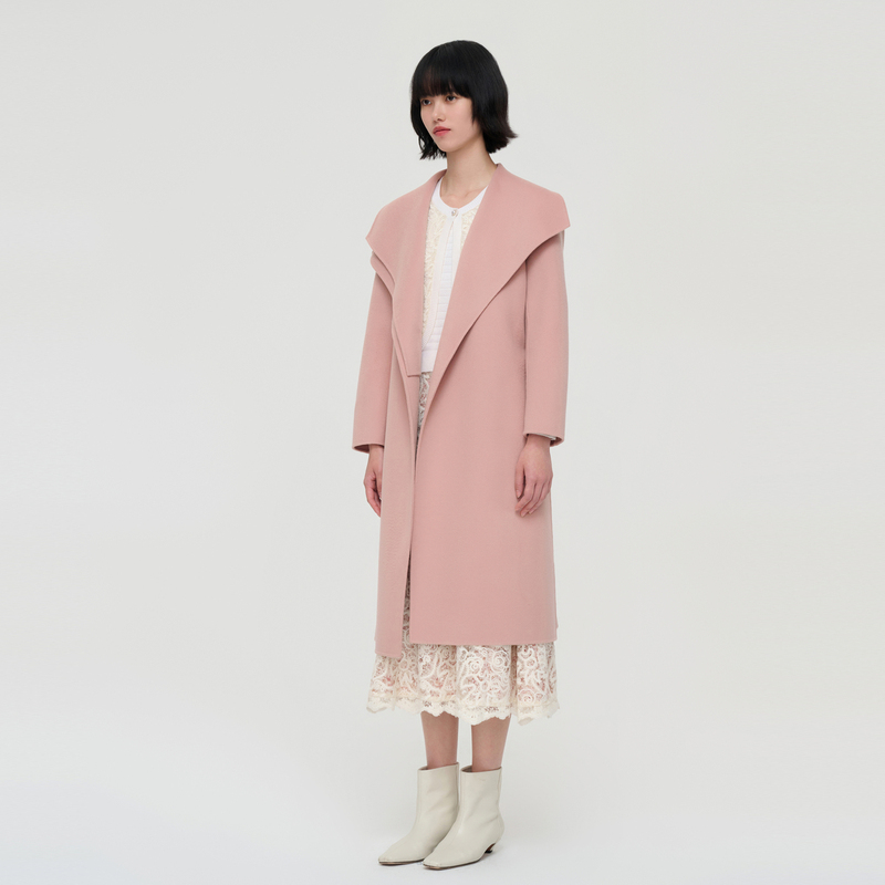 VGRASS粉色翻领气质时尚双层领浴袍式毛呢外套女冬新款毛呢大衣