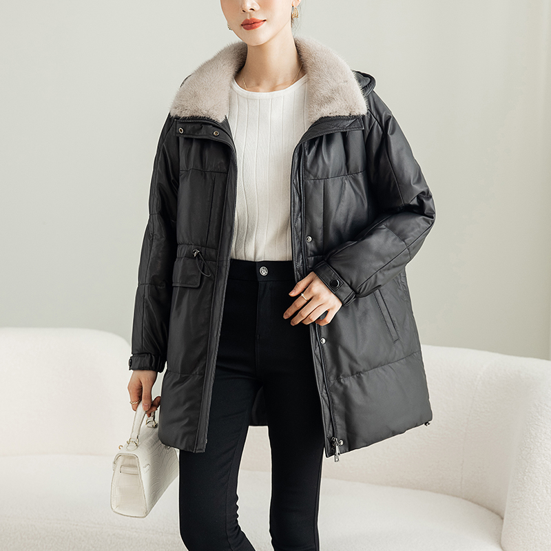 海宁微胖高档真皮头层绵羊皮保暖加厚皮衣外套女中长大码水貂毛领