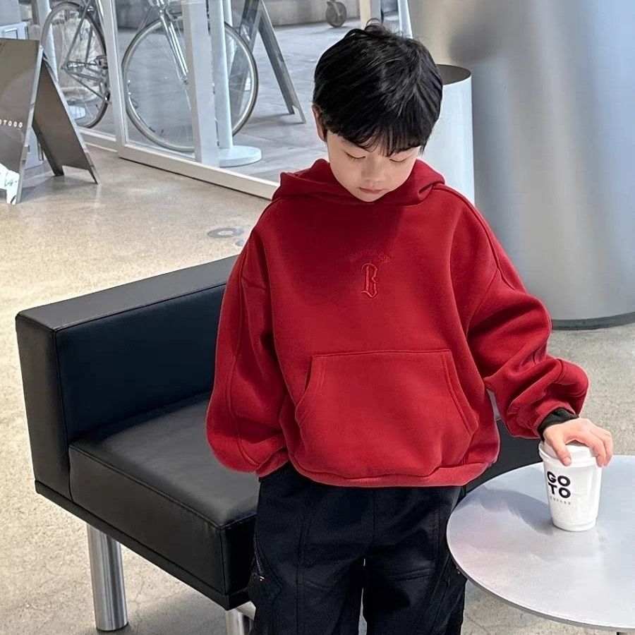 巴拉拉巴男女童连帽加绒卫衣2024秋冬新款喜庆红冬装中大童保暖加