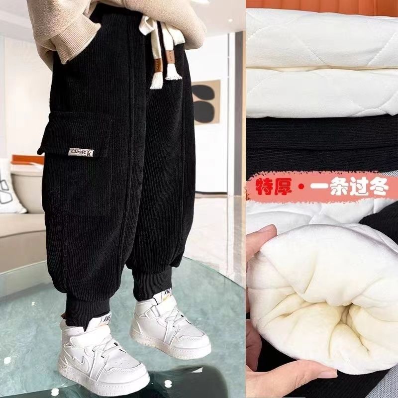 巴拉拉巴男童裤子新款秋冬儿童加绒工装裤条绒加厚保暖一体绒灯芯
