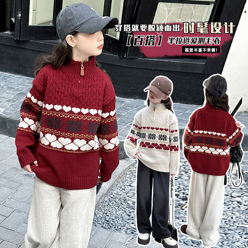 女童红色毛衣冬季加厚2024新款圣诞儿童服装女大童秋冬本命年衣服