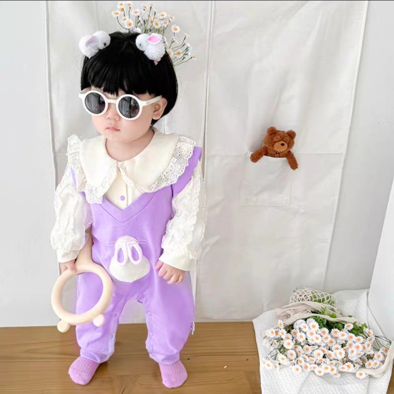 春秋款宝宝衣服新款蕾丝娃娃领小兔假两件双层女宝宝甜美哈衣