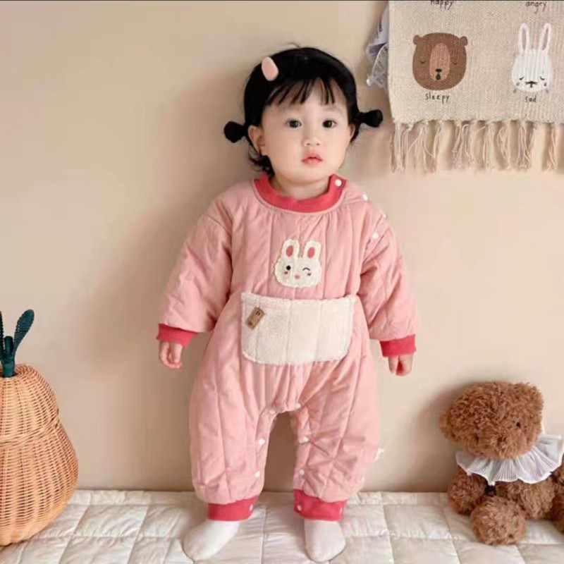 婴儿衣服秋冬新款小动物肩扣口袋侧开加绒薄棉哈衣可爱超萌