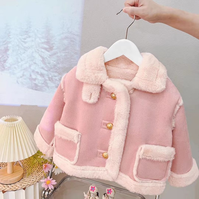 G秋冬新款双口袋翻领加绒拼接外套女童洋气韩版外套