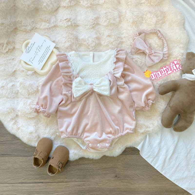 秋冬款宝宝衣服新款高级感蝴蝶结蕾丝花边丝绒质感加绒双层包屁