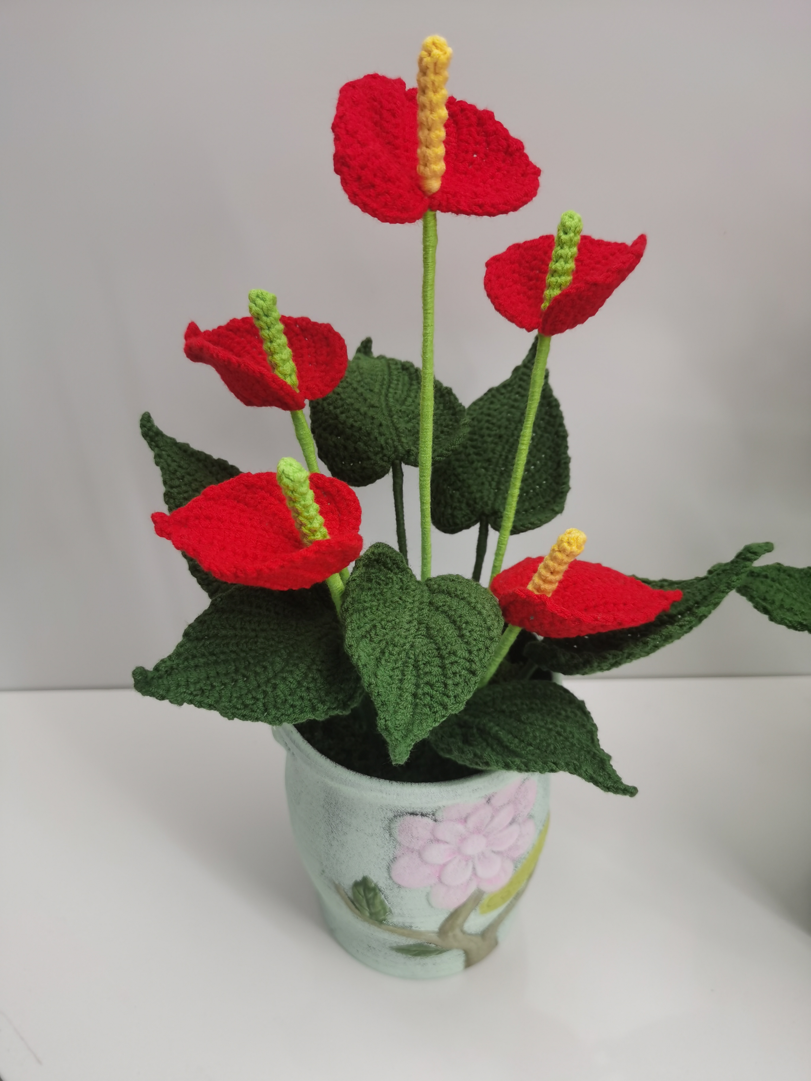 手工毛线钩织精品盆栽 红掌、粉掌 连盆