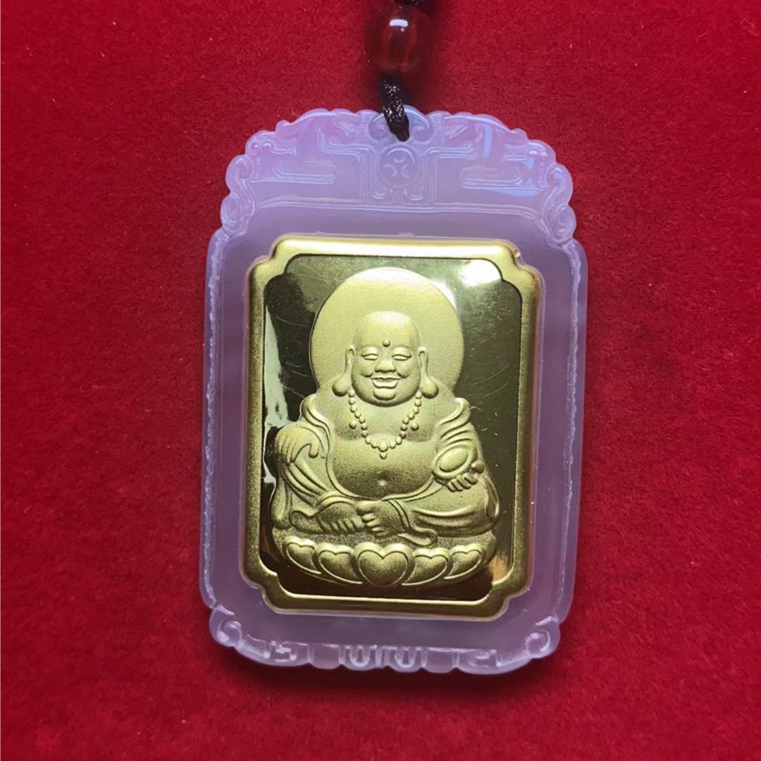 【证书+精美礼盒】足金金镶玉弥勒佛玉髓吊坠A