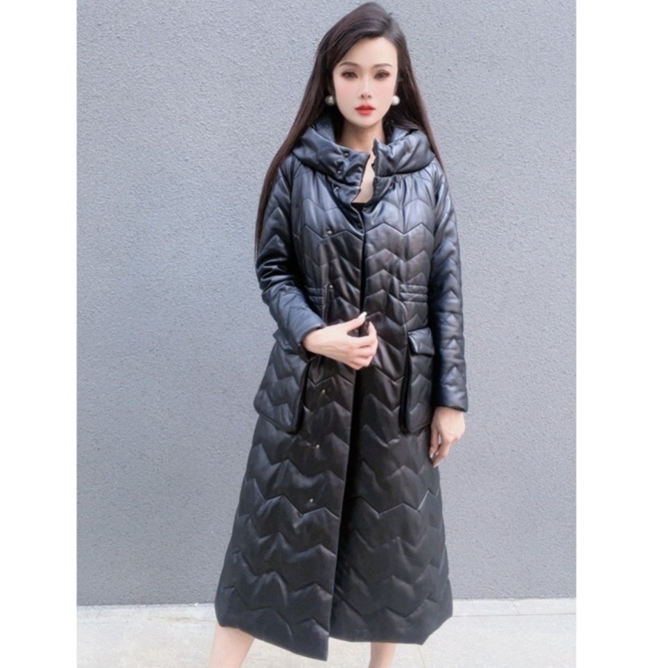 BY-480海宁新款真皮女士皮衣设计师款中长款过膝加厚保暖冬季外套