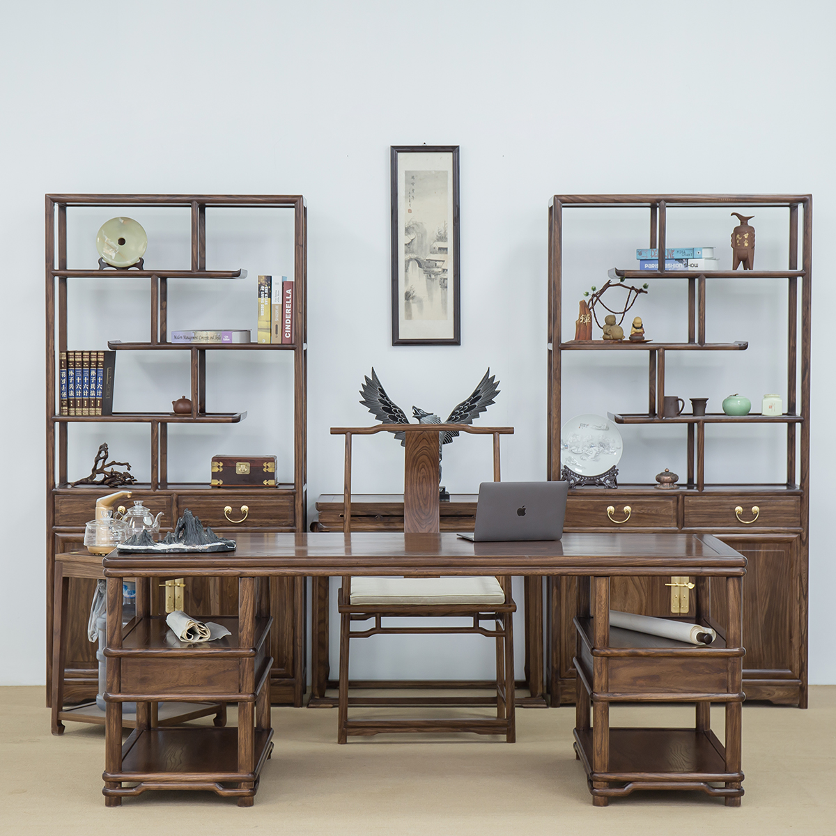 新中式实木书桌椅组合书法桌书画桌榆木原木写字台办公桌书房画案