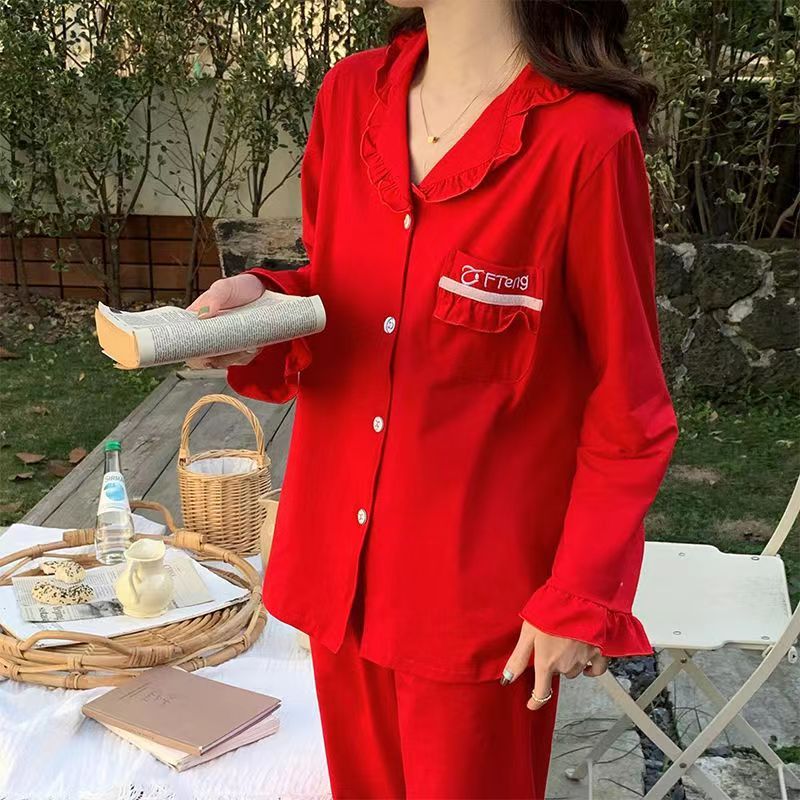 小个子舒适ins风秋季睡衣女春秋9分裤洋气可爱本命年大红色可外穿