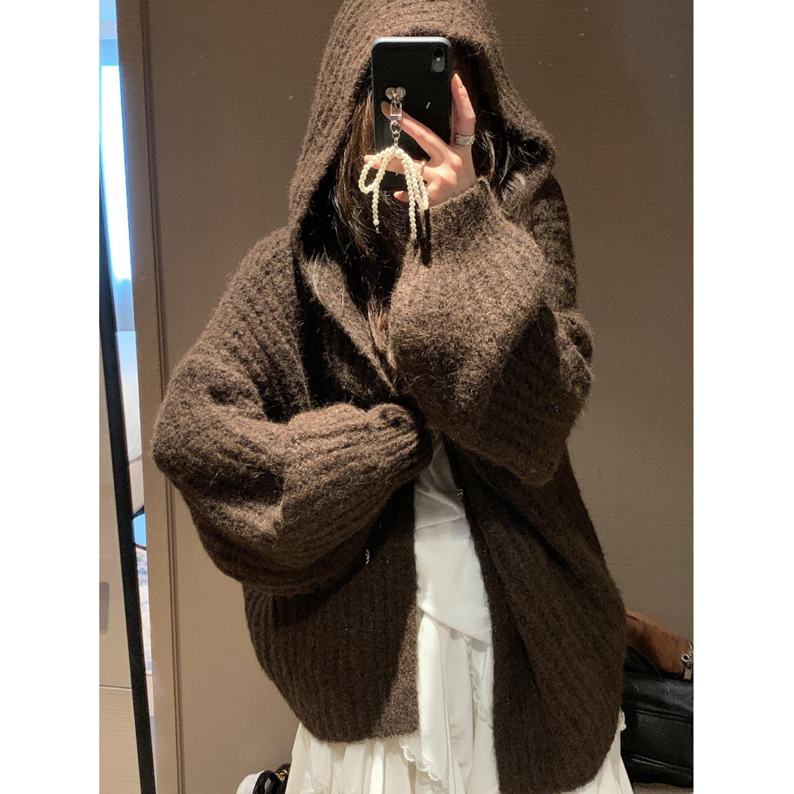 奶fufu灯笼袖连帽毛衣外套女2025冬新款宽松显瘦慵懒加厚针织开衫
