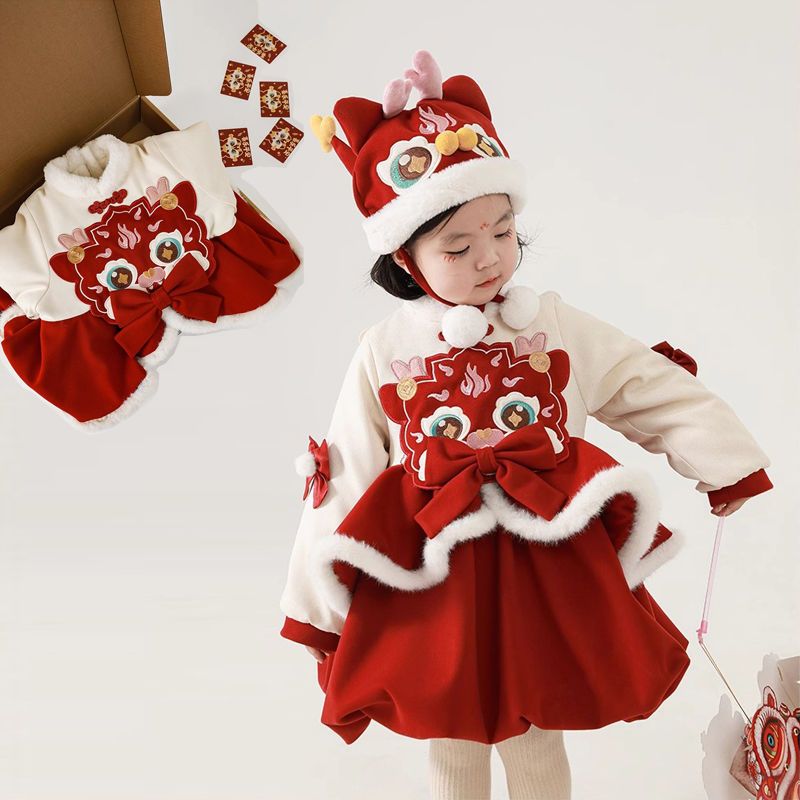 巴拉拉吧女童连衣裙2024中国新款儿童拜年服龙年战袍唐装宝宝新年