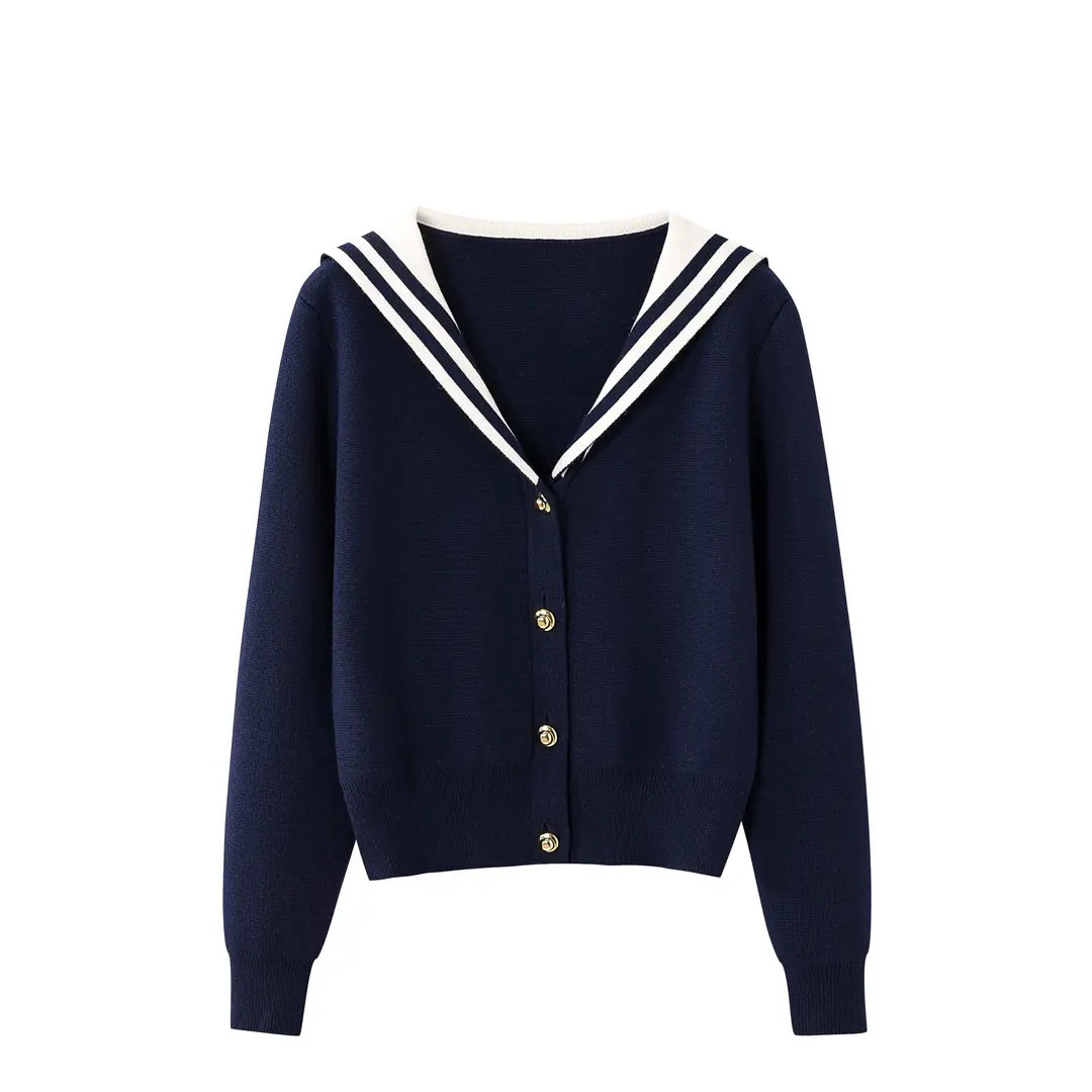 【001-199】经典蓝色条纹海军领刺绣毛衣开衫款式深圳南油针织衫女