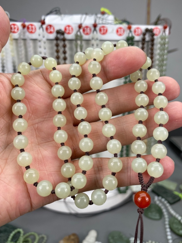 和田玉黄口料柠檬黄卡8毫米打结款时尚百搭珠链