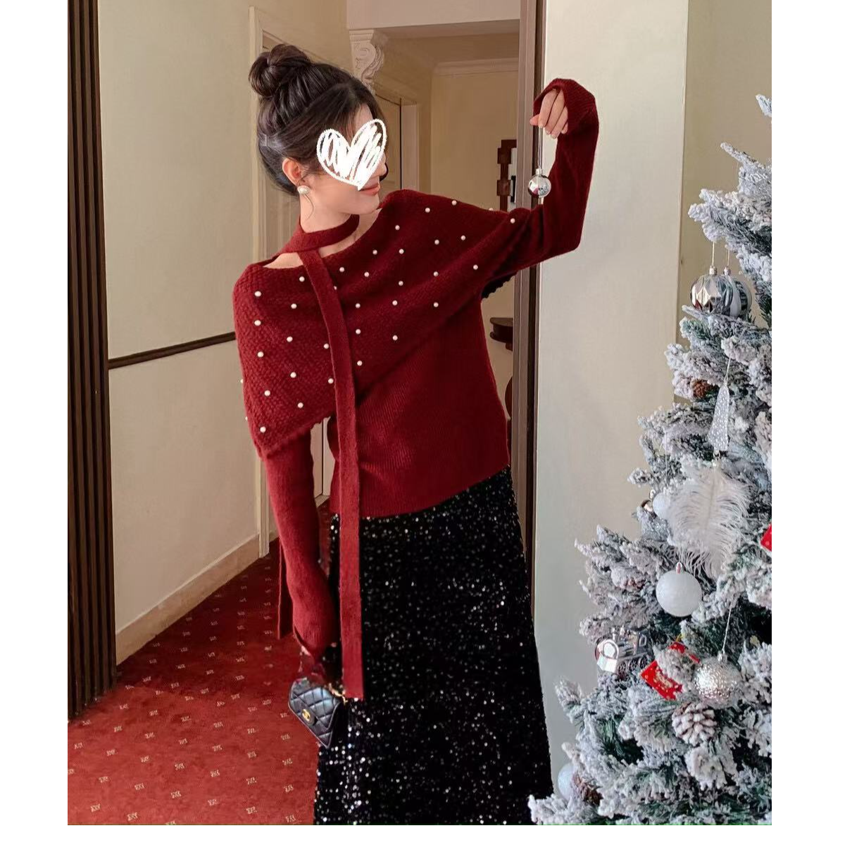 新年氛围感钉珠斗篷一字肩毛衣重工丝绒亮片鱼尾显瘦半身裙 